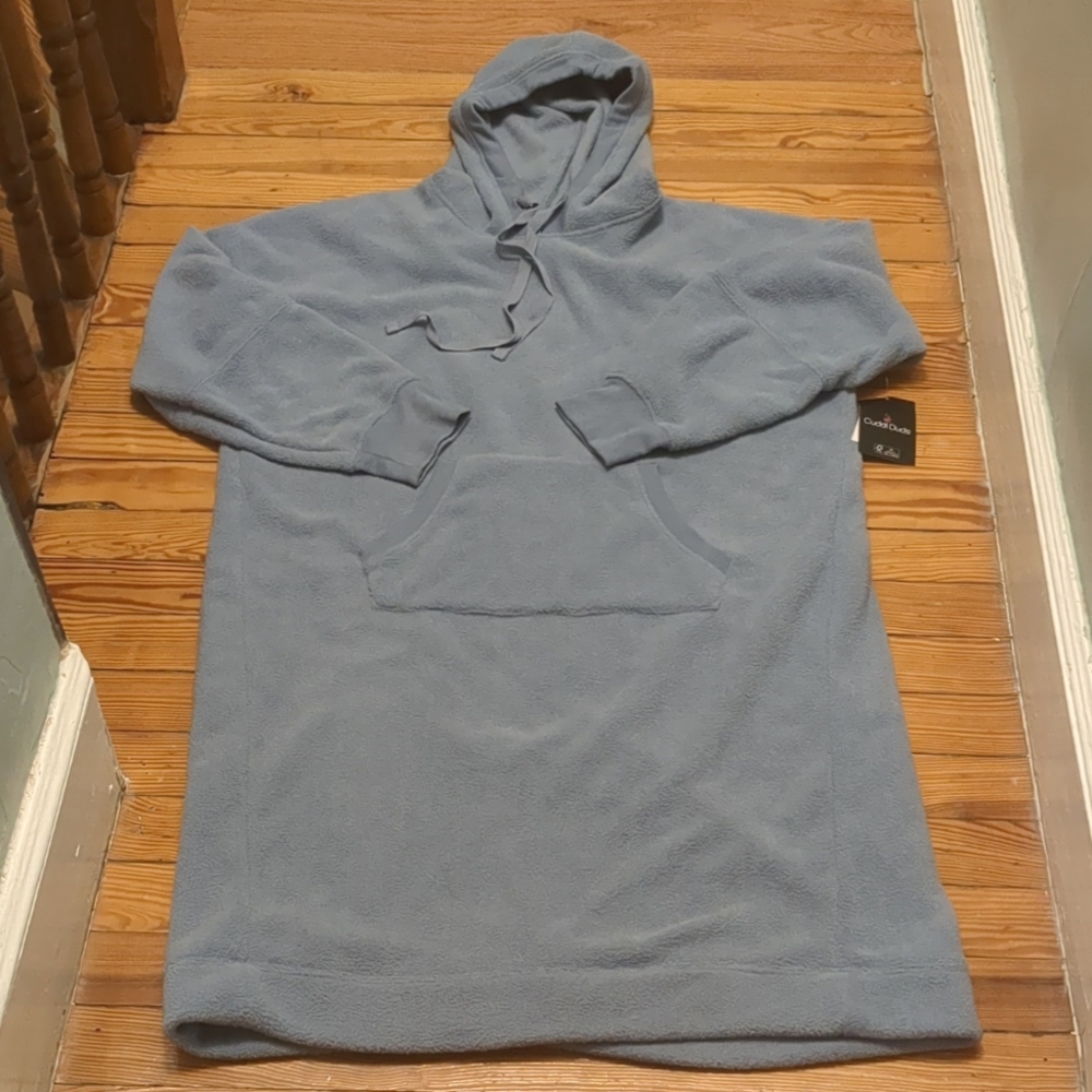 Blue fleece Cuddl Duds robe hoodie nightgown size L. NWT.